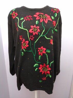 Vintage Christmas Sweater Women !X Black Poinsettia Embroidered Holiday Festive